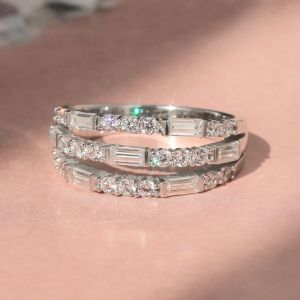 Triple Row Baguette & Round Cut White Sapphire Half Eternity Wedding Band Ring