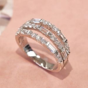 Triple Row Baguette & Round Cut White Sapphire Half Eternity Wedding Band Ring