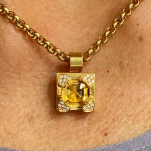 Golden Cushion & Round Cut Yellow & White Sapphire Pendant Necklace