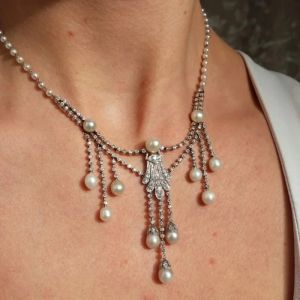 Tassel Pear & Round Cut Pearl & White Sapphire Pendant Necklace