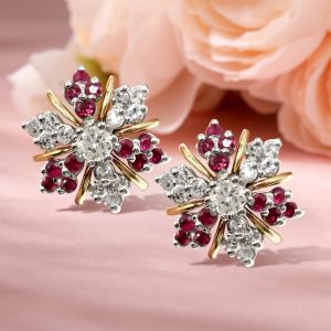 Two Tone White & Ruby Sapphire Round Cut Stud Earrings