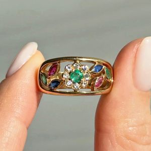 Golden Halo Round & Marquise Cut Emerald & Ruby & Blue Sapphire Wedding Band Ring