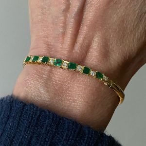 Golden Asscher & Round Cut Emerald & White Sapphire Bangle Bracelet