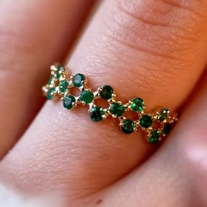 Triple Row Golden Round Cut Emerald Sapphire Eternity Wedding Band Ring