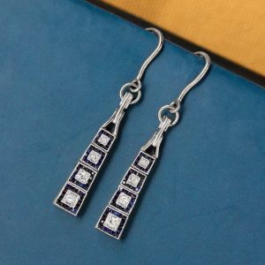 Halo Round & Baguette Cut White & Blue Sapphire Art Deco Drop Earrings