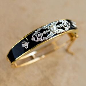 Two Tone Round Cut Pearl & White Sapphire Bangle Bracelet