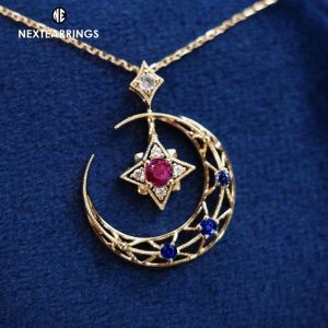Golden Star & Moon Design Ruby & Blue Sapphire Round Cut Pendant Necklace