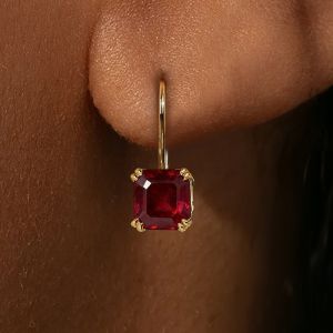 Golden Solitaire Asscher Cut Garnet Sapphire Drop Earrings For Women