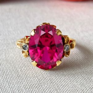 Golden Oval & Round Cut Ruby & White Sapphire Engagement Ring
