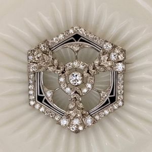 Hexagonal Round Cut White Sapphire Art Deco Brooch Pin