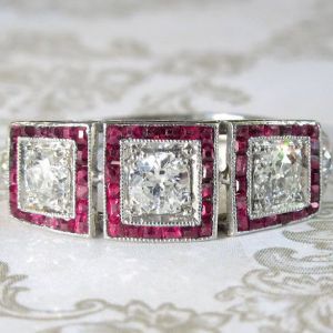Halo Round & Baguette Cut White & Ruby Sapphire Art Deco Engagement Ring