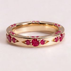 Golden Round Cut Ruby Sapphire Eternity Wedding Band Ring