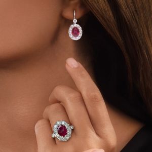 Two Tone Halo Oval Cut Ruby & White Sapphire Engagement Ring & Drop Earrings Set 