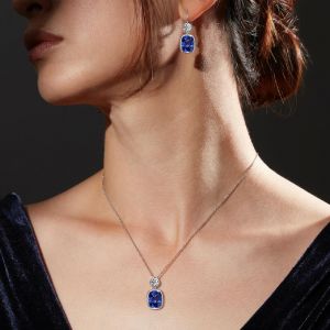 Bezel Cushion & Round Cut Blue & White Sapphire Drop Earrings & Pendant Necklace Set