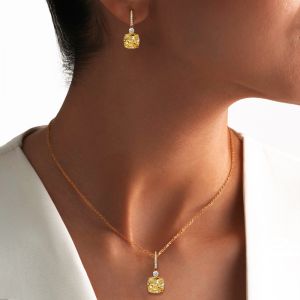 Golden Cushion Cut Yellow Sapphire Drop Earrings & Pendant Necklace Set