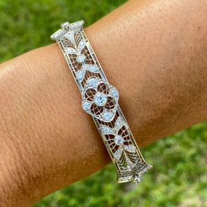 Milgrain Open Work Round Cut White Sapphire Bangle Bracelet