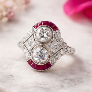 Halo Round & Baguette Cut White & Ruby Sapphire Engagement Ring