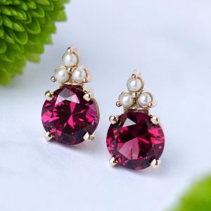 Golden Round Cut Ruby Sapphire & Pearl Stud Earrings