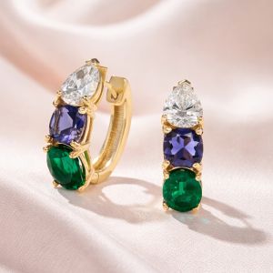 Golden Pear & Cushion & Oval Cut White & Purple & Emerald Sapphire Hoop Earrings