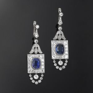 Halo Cushion & Round Cut Blue & White Sapphire Drop Earrings
