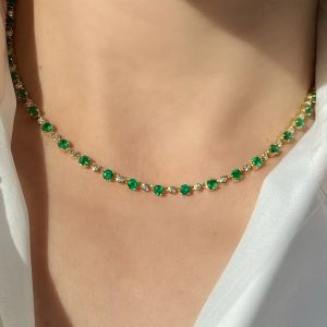 Golden Alternating Round Cut Emerald & White Sapphire Tennis Necklace