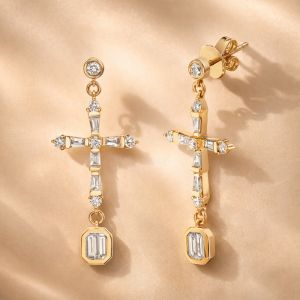 Golden Emerald & Baguette Cut White Sapphire Cross Design Drop Earrings
