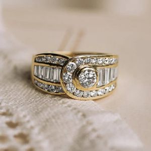 Golden Buckle Design Round & Baguette Cut White Sapphire Engagement Ring