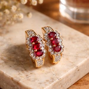 Two Tone Halo Oval & Round Cut Ruby & White Sapphire Hoop Earrings