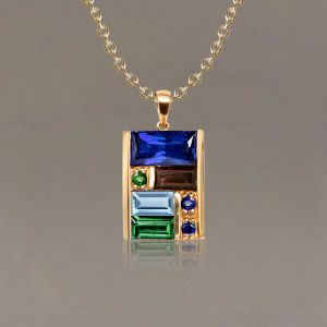 Golden Baguette Cut Blue & Emerald & Brown & Topaz Sapphire Pendant Necklace