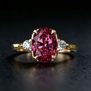 Nextearrings Three Stone Golden Oval Cut Ruby Sapphire Engagement Ring