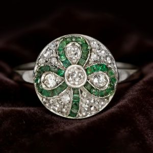 Clover Round & Baguette Cut White & Emerald Sapphire Engagement Ring