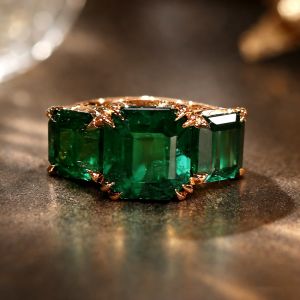 Rose Gold Three Stone Emerald Cut Emerald Sapphire Engagement Ring
