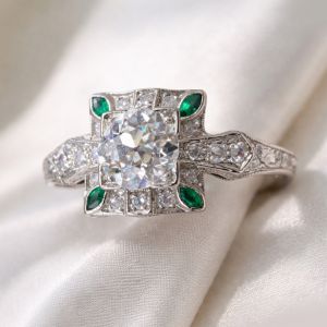 Halo Round Cut White & Emerald Sapphire Art Deco Engagement Ring