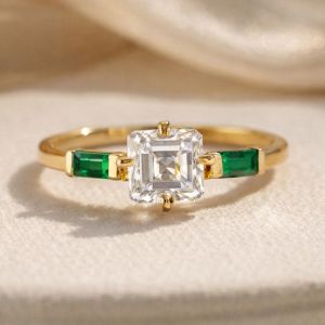 Golden Three Stone Asscher Cut White & Emerald Sapphire Stackable Engagement Ring