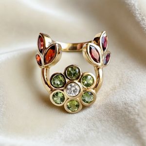 Golden Bezel Round & Marquise Cut White & Peridot & Garnet Sapphire Engagement Ring