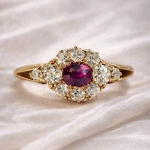 Golden Halo Oval & Round Cut Ruby & White Sapphire Vintage Engagement Ring