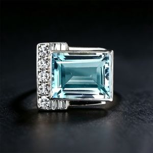 Nextearrings Unique Bezel Setting Emerald Cut Aquamarine & White Sapphire Engagement Ring
