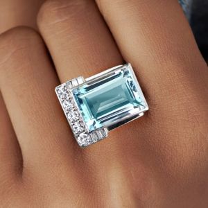 Unique Bezel Setting Emerald Cut Aquamarine & White Sapphire Engagement Ring