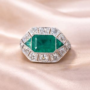 Halo Emerald Cut Emerald & White Sapphire Art Deco Engagement Ring