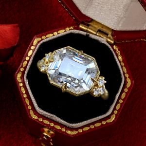 Golden Emerald Cut White Sapphire Engagement Ring For Women