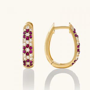 Golden Round Cut Ruby & White Sapphire Hoop Earrings For Women