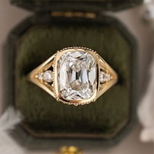 Golden Split Shank Cushion & Round Cut White Sapphire Engagement Ring