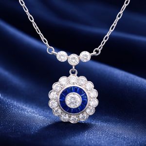 Double Halo Round & Baguette Cut White & Blue Sapphire Pendant Necklace