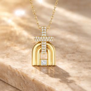 Golden Holy Door Princess & Round Cut White Sapphire Pendant Necklace