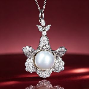 Art Deco Round Cut White Pearl & Sapphire Flower Pendant Necklace