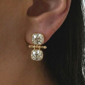 Golden Two Stone Cushion Cut White Sapphire Drop Earrings