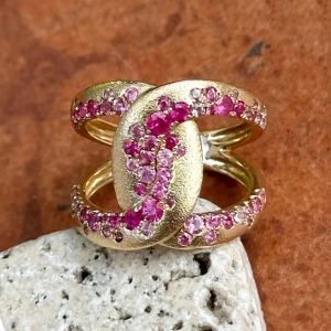 Golden Overlapping Design Round Cut Pink & Ruby Sapphire Half Eternity Wedding Band