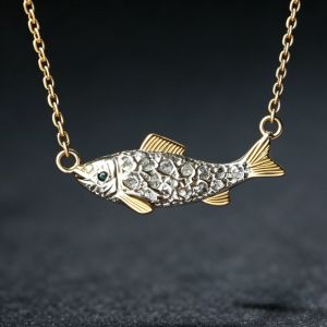 Two Tone Fish Round Cut White & Emerald Sapphire Pendant Necklace