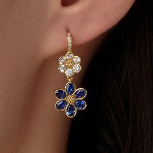 Golden Floral Oval & Round Cut Blue & White Sapphire Drop Earrings