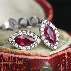Halo Marquise & Round Cut Ruby & White Sapphire Stud Earrings